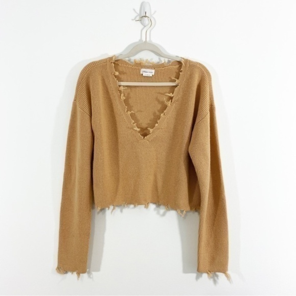 Lovers + Friends‎ Revolve Camel Brown Ribbed V Neck Sweater Distressed